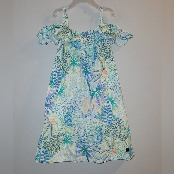 🌴 Tea Collection Off Shoulder Tropical Floral Blue Green Print Dress Girls 5 - Picture 5 of 7